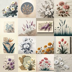 Flowers drawing on stone wall. Vintage style. AI generated illustration