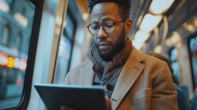 A businessman reviewing financial reports and investment portfolios on a tablet device while commuting on a train - Powered by Adobe