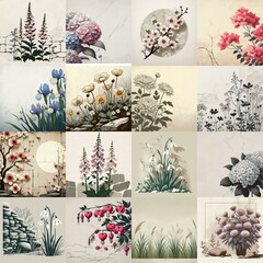 Flowers drawing on stone wall. Vintage style. AI generated illustration