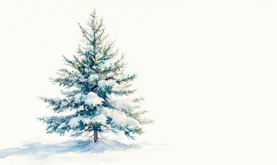 Fototapeta premium A snow covered pine tree stands alone in a white background