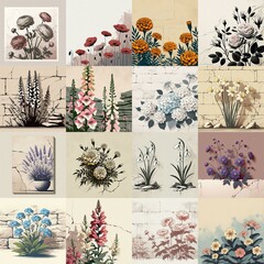 Flowers drawing on stone wall. Vintage style. AI generated illustration
