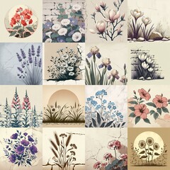 Flowers drawing on stone wall. Vintage style. AI generated illustration