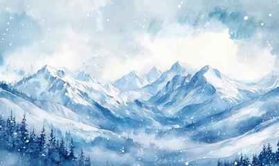 Obraz premium A painting of a snowy mountain range with a blue sky