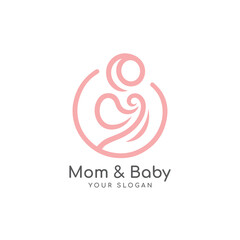 happy mother and baby icon logo design. badges for children store & baby care center. mom & baby line art illustration