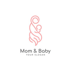 Fototapeta premium happy mother and baby icon logo design. badges for children store & baby care center. mom & baby line art illustration