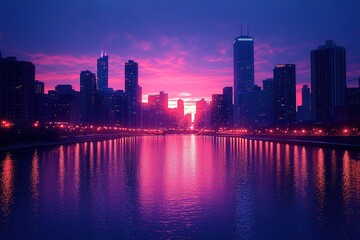Fototapeta premium Striking Skyline Silhouette Against a Vivid Colorful Sky at Dusk, Perfect for Urban Landscapes