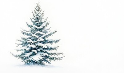 Fototapeta premium A snow covered pine tree stands alone in a white background