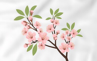Obraz premium A branch of delicate pink cherry blossoms with green leaves against a white background.