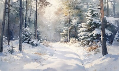 Obraz premium A painting of a snowy forest with a path through it