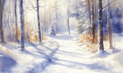 Obraz premium A painting of a snowy forest with a path through it