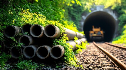 A scenic view of railway tracks with stacked pipes and lush greenery leading to a dark tunnel, highlighting industrial nature.