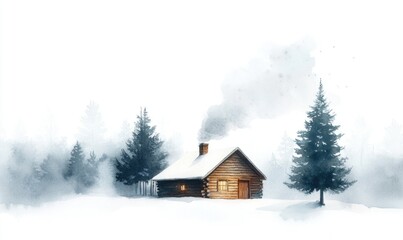 A cabin in the woods with smoke coming out of the chimney