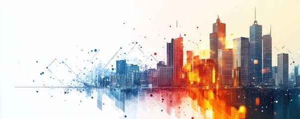 Obraz premium Abstract cityscape with vibrant colors and geometric overlays creating a dynamic urban skyline