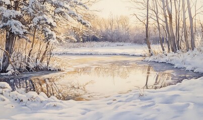 A painting of a snowy landscape with a frozen lake and trees