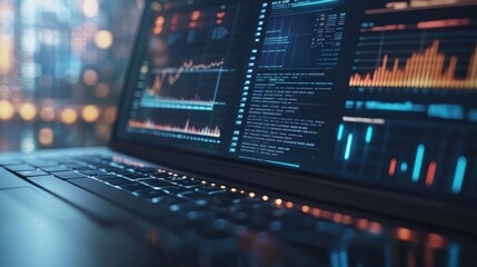 Close-up of a laptop screen showing sales analytics and revenue graphs, monitoring the performance of an online business
