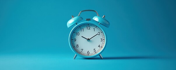 Blue vintage alarm clock on a matching blue background with classic design, showing 10:10 AM, evoking a sense of nostalgia and punctuality