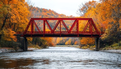 A vibrant red bridge spans over a tranquil river, surrounded by stunning autumn foliage, capturing the beauty of nature's colors.