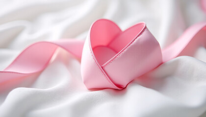 Pink Ribbon Folded into Heart on White Fabric