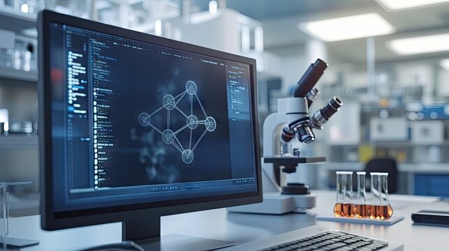 A 3D model of a chemical bond rotates on a computer screen, with lab equipment visible in the background.
