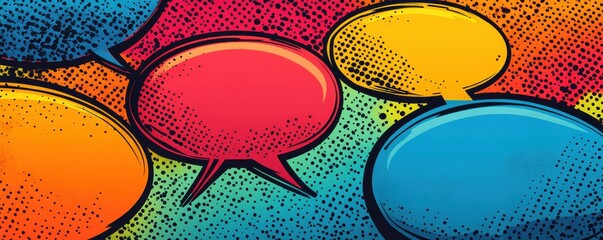 Vibrant comic book page with colorful empty speech bubbles and dynamic pop art style design