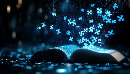 Fototapeta premium A mystical book releasing glowing puzzle pieces, symbolizing knowledge and imagination in a captivating, dark environment.