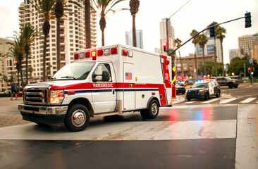 An ambulance with lights activated and a police car behind it in an urban environment 