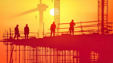 Silhouetted builders engage in construction activities against a stunning gradient backdrop, where colors blend at dusk, creating a dynamic atmosphere