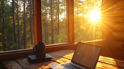 Cozy workspace with sunset view through window
