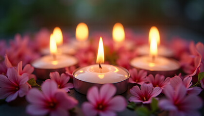 Lit Candles Surrounded by Pink Flowers