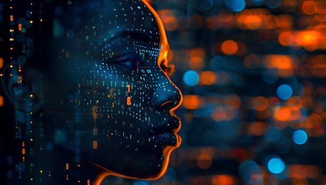 A digital art portrait of an African American woman, her face illuminated in the style of computer code and data streams in dark blue tones with orange highlights. The background is blurred.