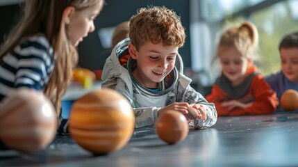 Fototapeta premium A child playing the role of a space tour guide, leading other children on a pretend journey through the solar system,