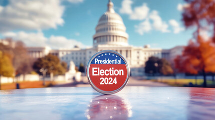A striking representation of democracy, showcasing a voting button for the 2024 presidential election with the majestic US Capitol and American flag in the background