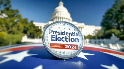 Set against the majestic backdrop of the Capitol, a metallic voting button highlights the excitement surrounding the upcoming 2024 presidential election, evoking civic pride