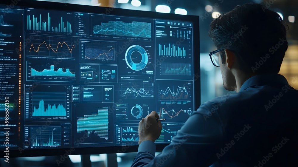 Poster a man analyzing data on a large screen displaying multiple charts and graphs