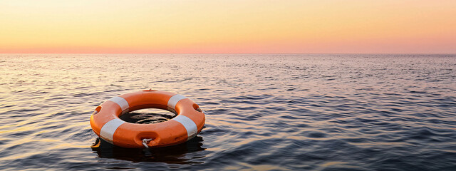 Obraz premium A lifebuoy bobbing in ocean during serene sunset creates tranquil scene. vibrant colors of sky reflect on water, enhancing peaceful atmosphere