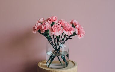 Fototapeta premium Pink carnations in a glass vase on a wooden table against a pink wall.