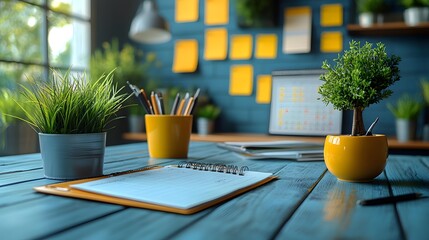Minimalist workspace with a calendar, sticky notes, and a digital planner on a desk, organized planning concept