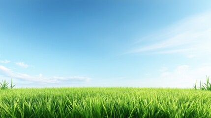 Fototapeta premium Expansive green grass field under a clear blue sky, offering a clean and open space for your design needs