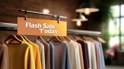 Fashion store with racks of clothes under a banner that reads "Flash Sale Today."