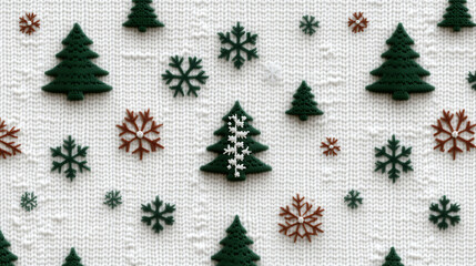 A green Christmas sweater pattern with a white background, featuring a knitted texture and a pattern of Christmas trees and snowflakes.