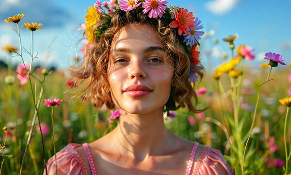 A young woman stands amidst a colorful flower field, adorned with a floral crown. She closes her eyes, soaking in the sun and the beauty of nature, radiating tranquility and peace