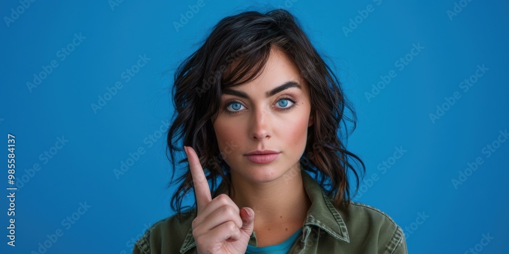 Wall mural A woman with blue eyes points her finger up. AI.