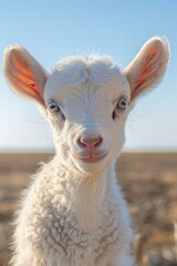 Fototapeta premium A young lamb with fluffy white fur stares at the camera. AI.