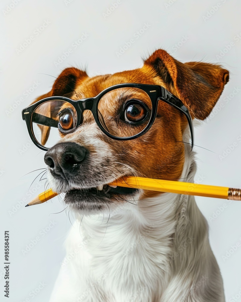 Sticker A dog wearing glasses and holding a pencil in its mouth. AI.