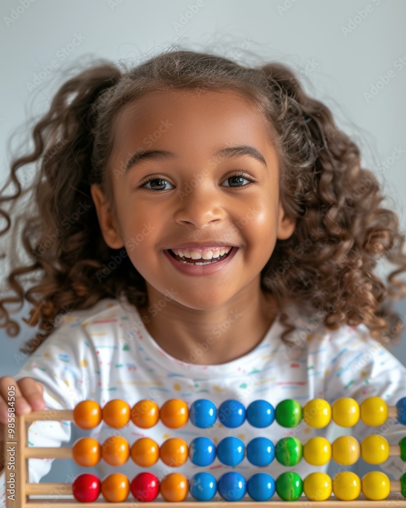 Poster A young girl smiles brightly while holding an abacus. AI.