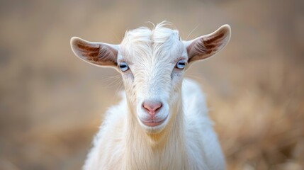 Fototapeta premium A white goat with blue eyes looks directly at the camera. AI.