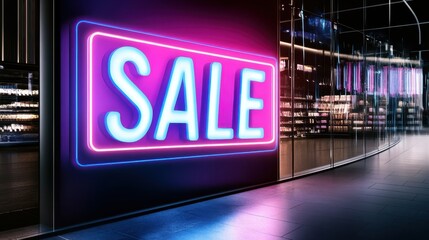 Flashy "Sale" neon text in pink and blue, glowing against a dark storefront, drawing attention to massive discounts.