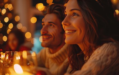 Couple enjoying a cozy, candlelit dinner during the holiday season, surrounded by warm lights and festive decor.