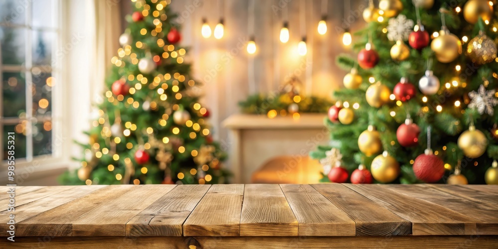 Poster Empty Christmas table with out of focus Christmas tree in background for product display montage