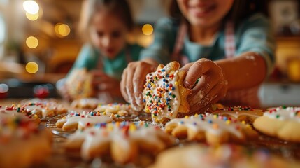 Children decorating cookies with colorful sprinkles, creating a joyful and festive atmosphere in the kitchen during a baking session.